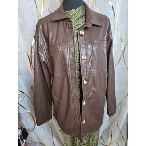 Stoosh Jacket Shirt Long Women’s Large Brown Faux Leather Button Up Shacket